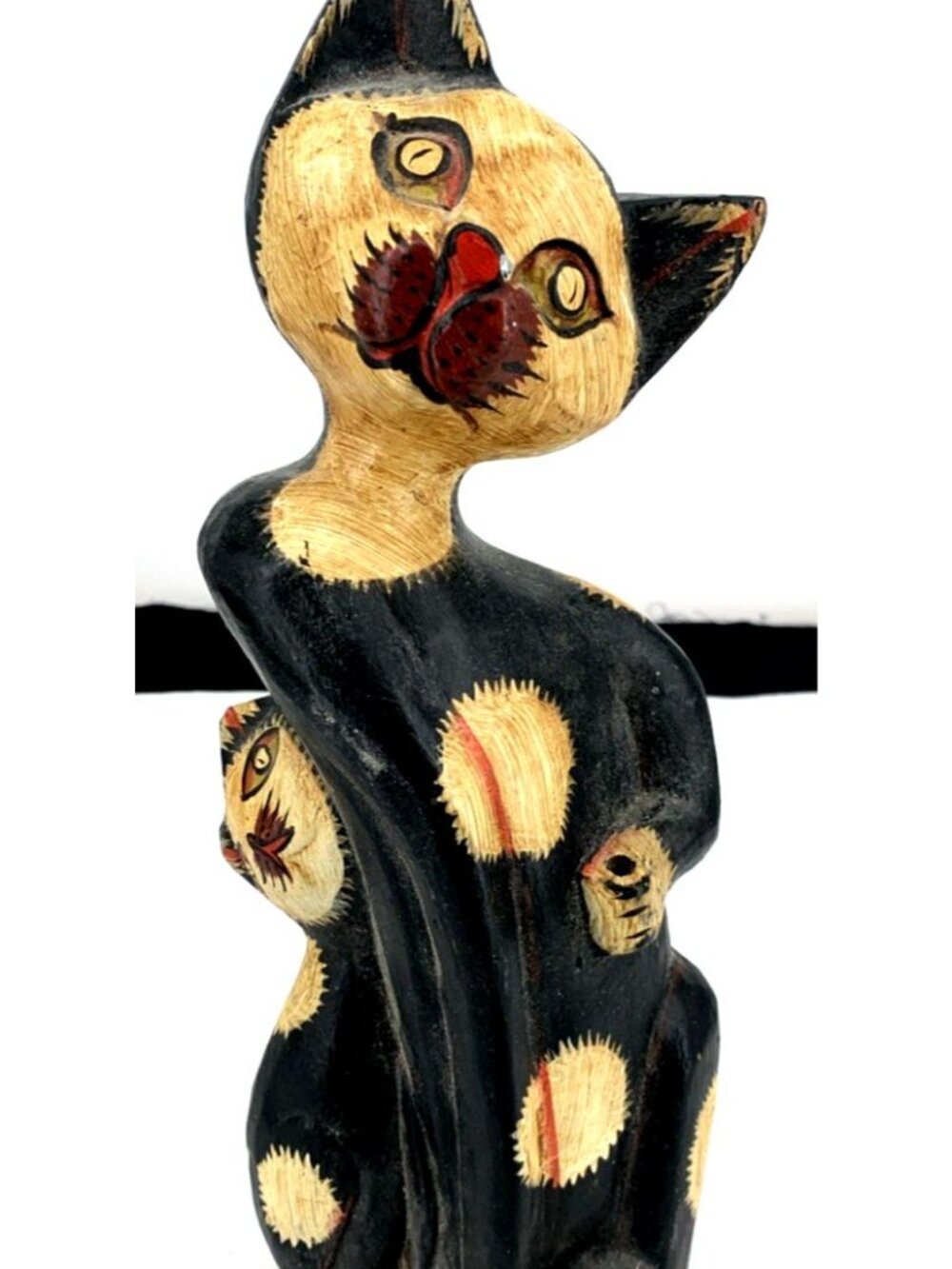 Carved Cat Wooden Folk Art Black Sitting 12" Tall Hand Crafted FLAW